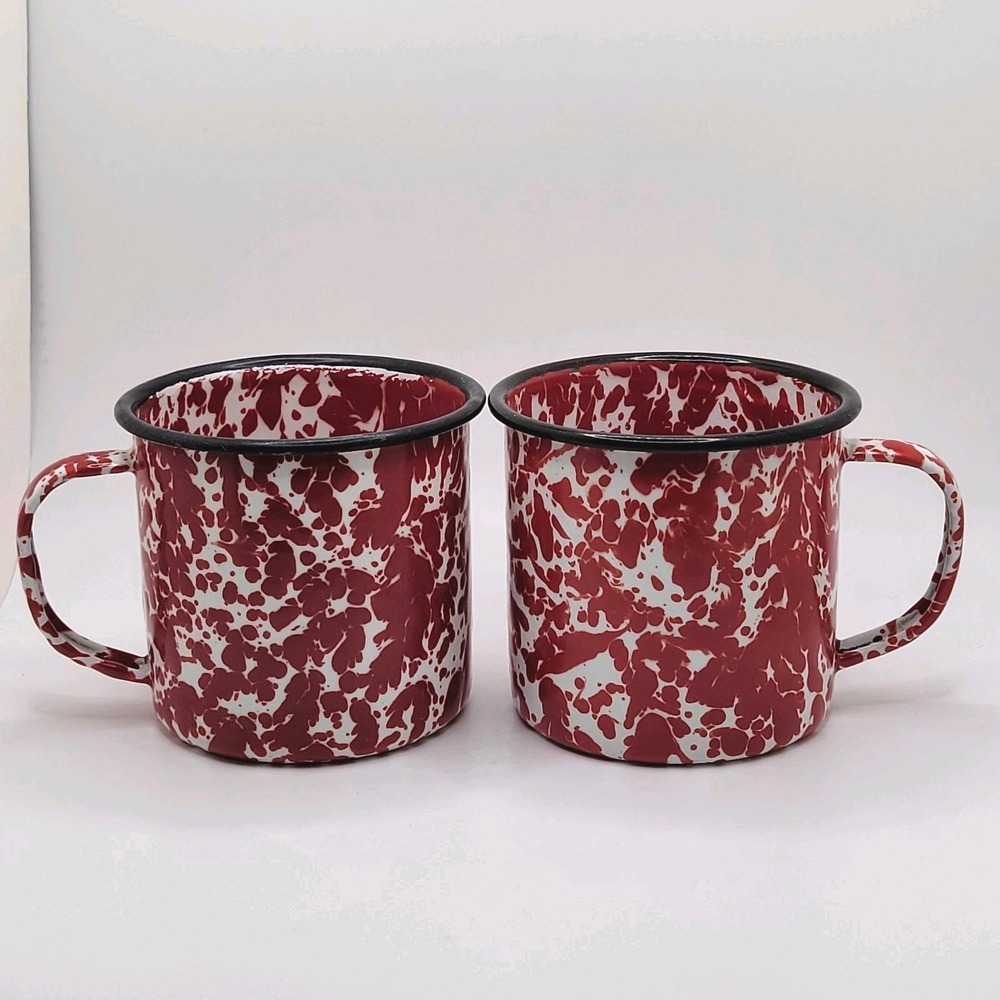 Red Enamelware Splatter Campfire Mugs Set of 2 Black‎ Rim Cabin Farmhouse